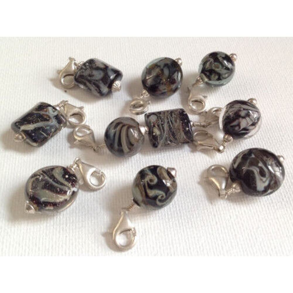 Handmade Black Swirl Murano Glass Charm set with Sterling Lobster Clasps